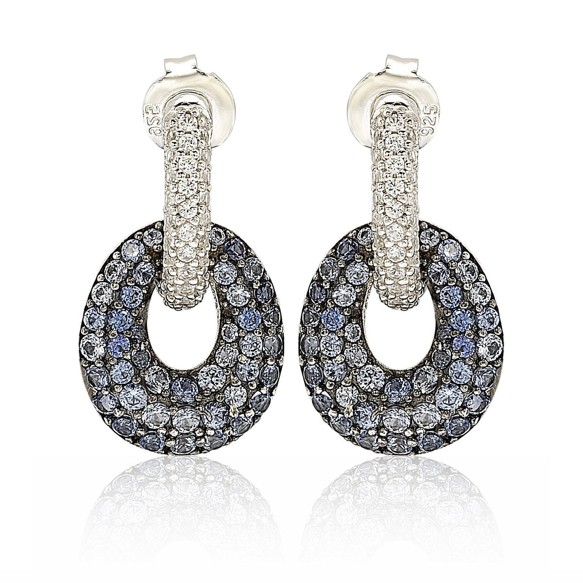 Sterling silver blue and white sapphire double oval dangle earrings