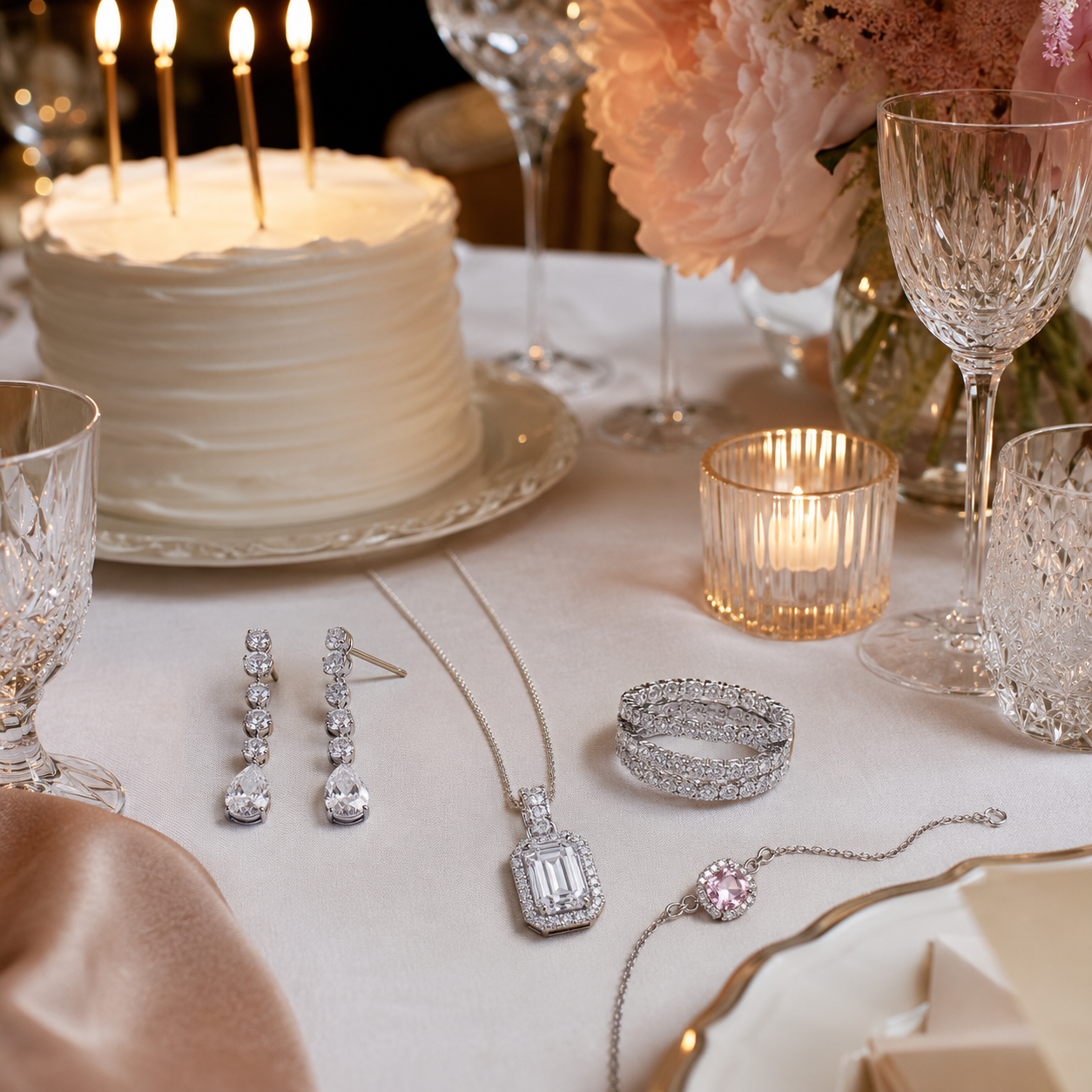 Diamond-inspired birthday jewelry styled with a white cake, candles, crystal glassware, and blush flowers