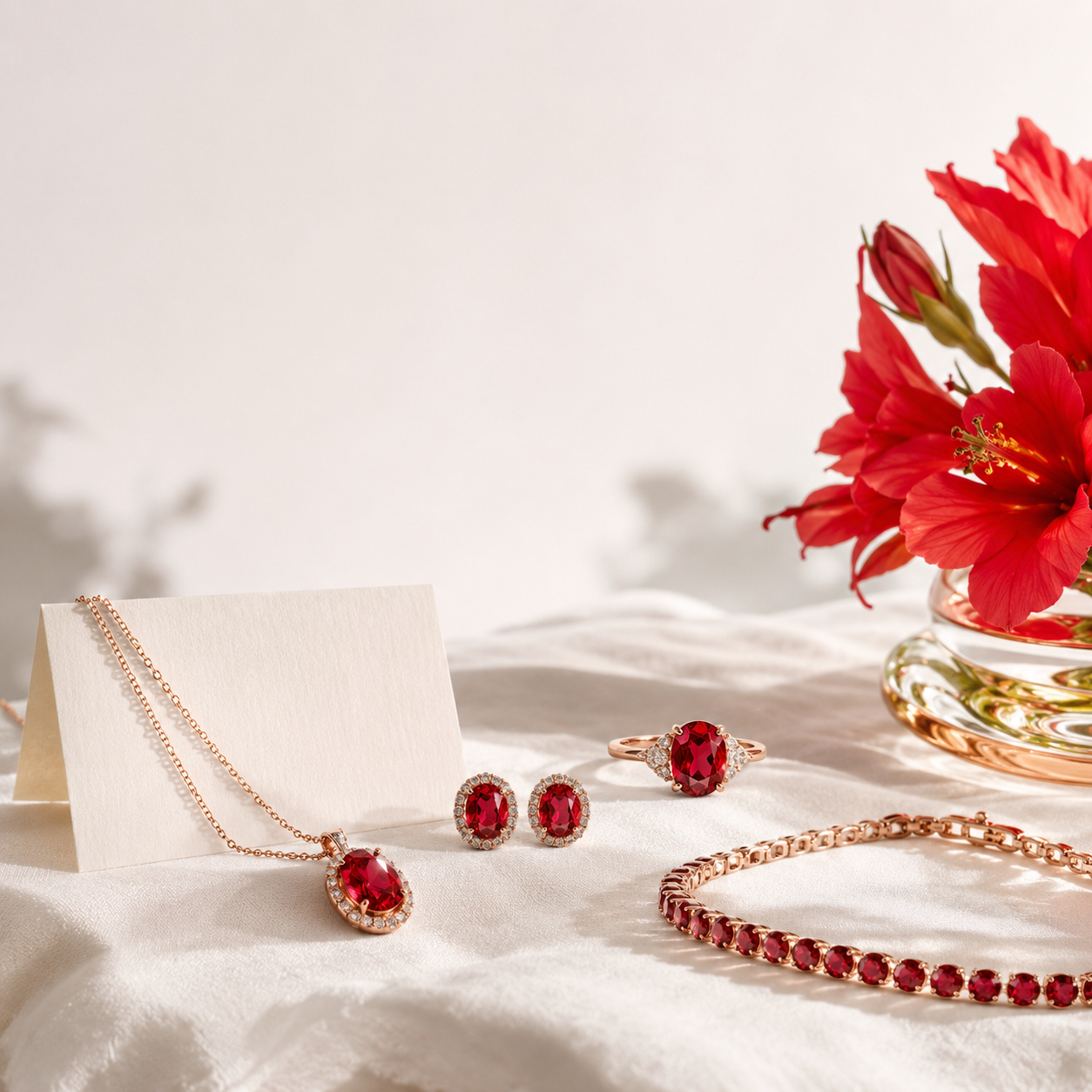 Ruby-red birthstone jewelry styled on white linen for a July summer jewelry guide
