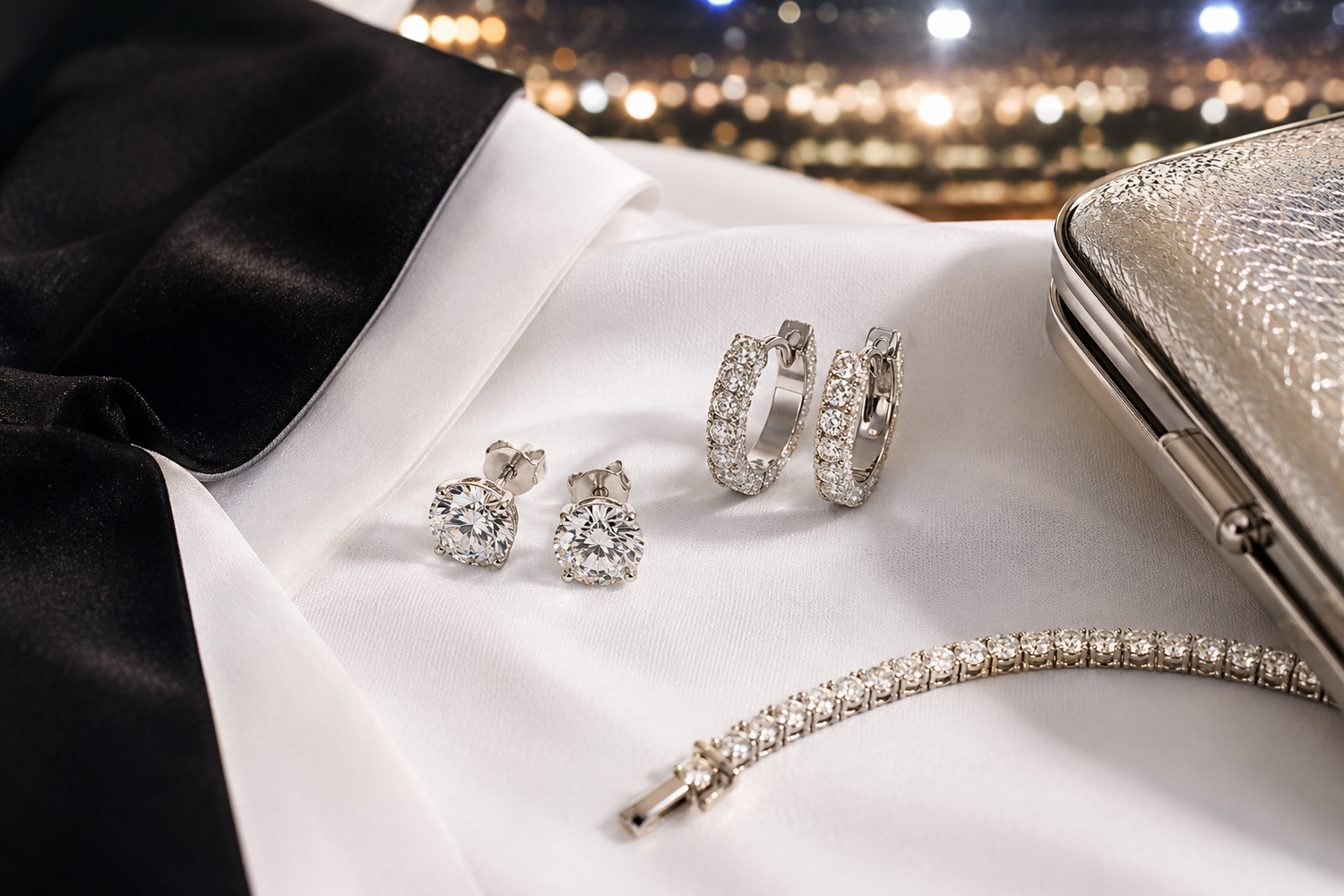 White sparkle earrings and a tennis bracelet styled on black and white evening fabric with stadium lights in the background