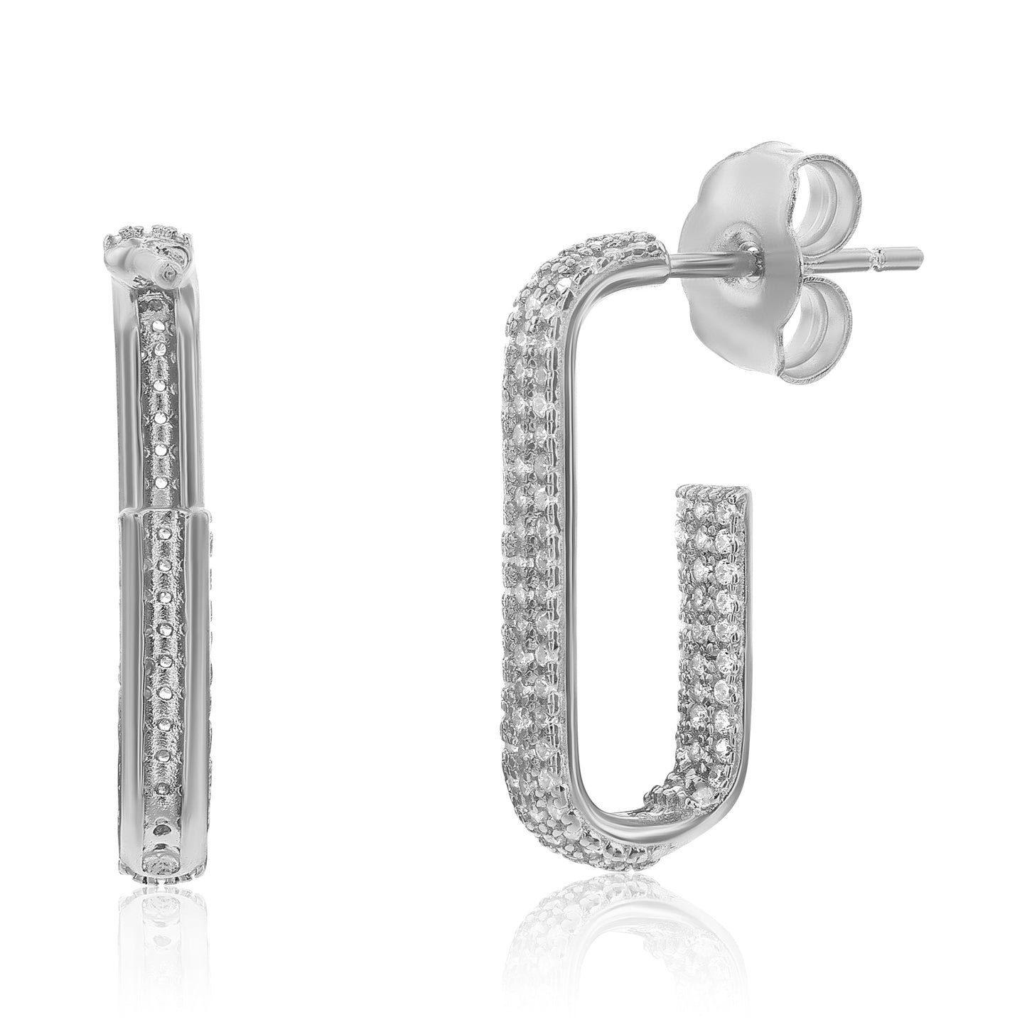 Suzy Levian Sterling Silver & White Cubic Zirconia Pave Open Paperclip Hoop Earrings