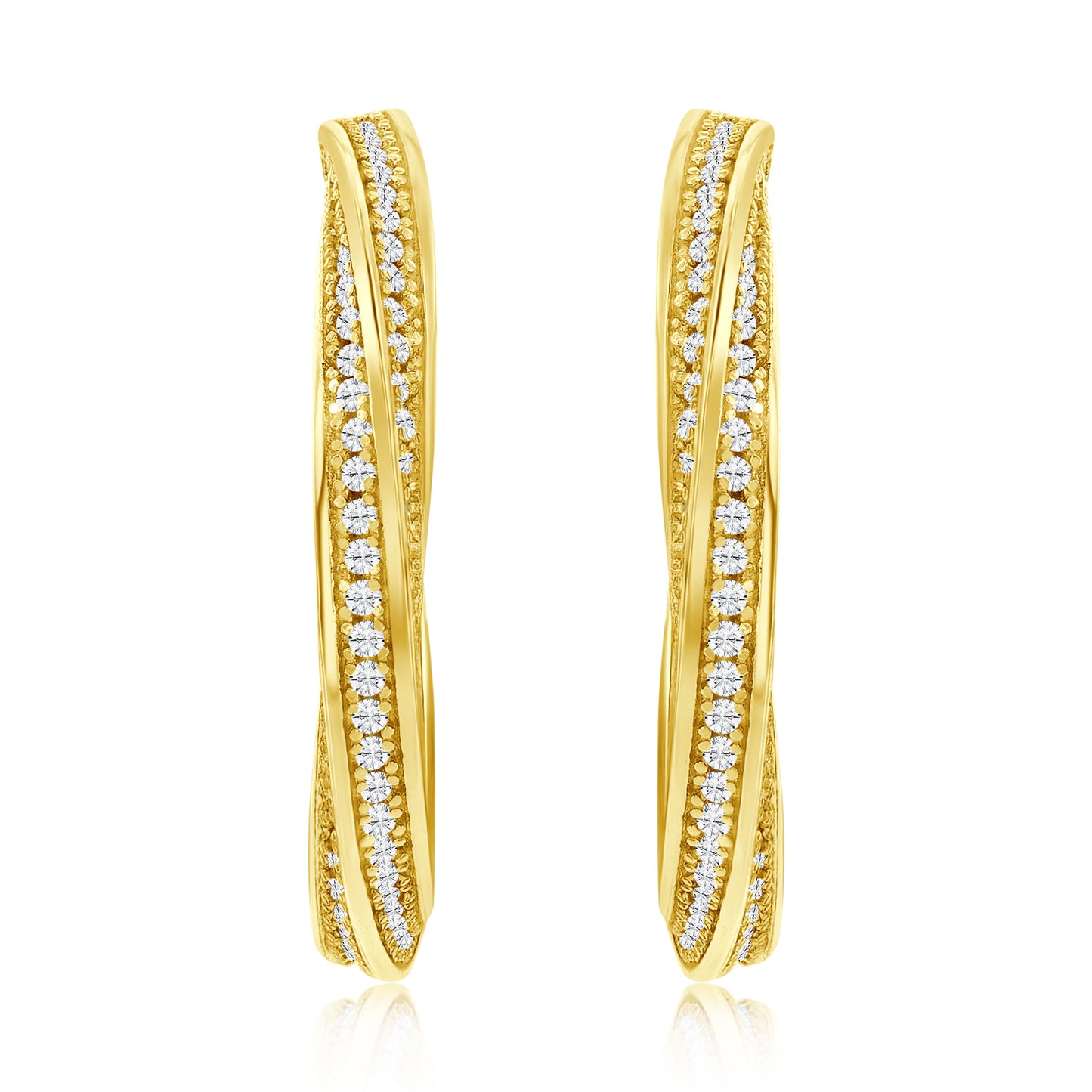Suzy Levian Yellow Sterling Silver & White Cubic Zirconia Pave Twisted Hoop Earrings