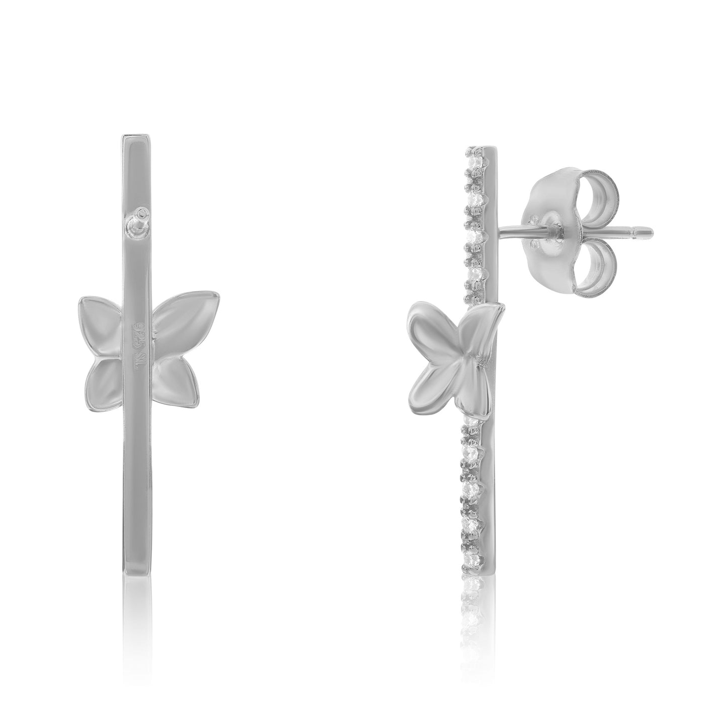 Suzy Levian Sterling Silver White Cubic Zirconia Flower Accent Line Drop Earrings