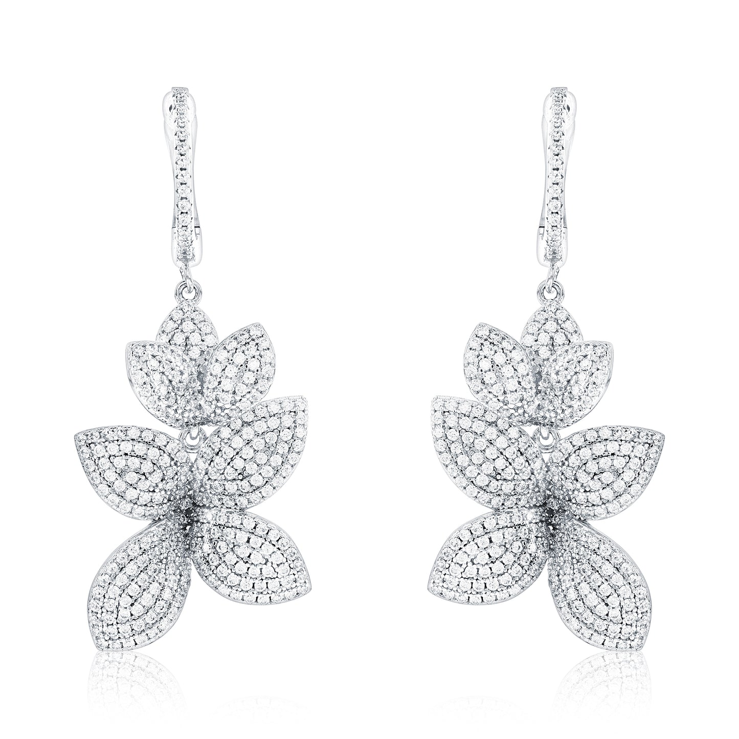 Suzy Levian Sterling Silver White Cubic Zirconia Large Abstract Pave Flower Drop Earrings