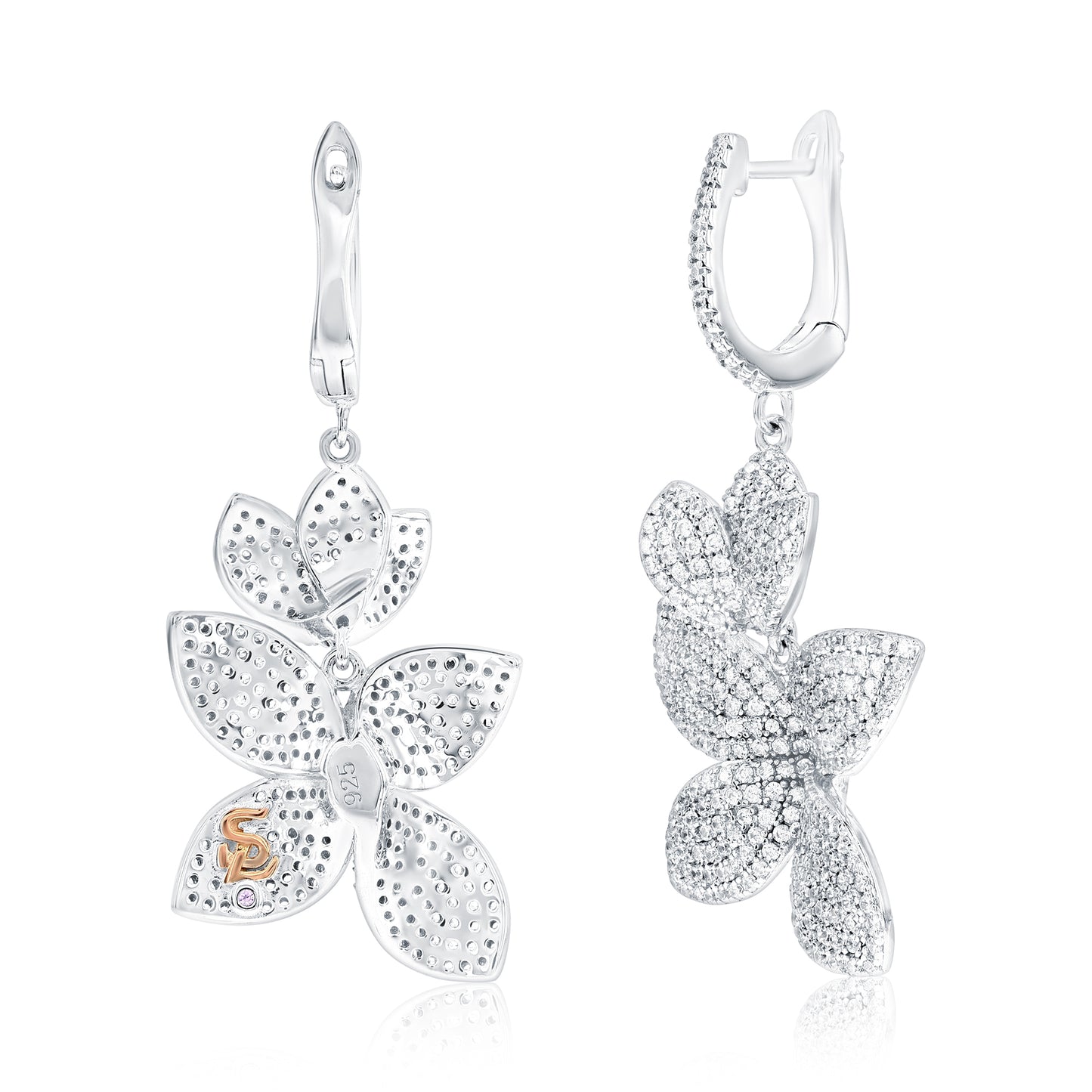 Suzy Levian Sterling Silver White Cubic Zirconia Large Abstract Pave Flower Drop Earrings
