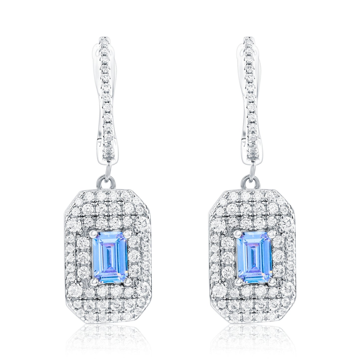 Suzy Levian Sterling Silver Emerald Cut Aqua Blue CZ & White CZ Pave Drop Earrings