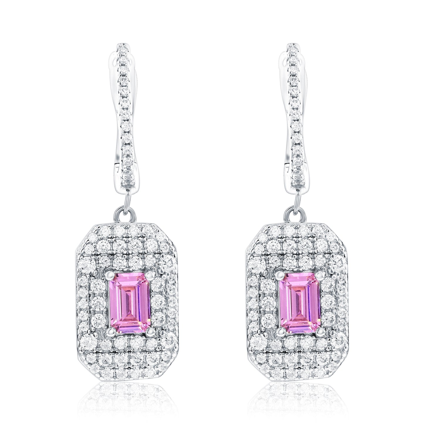 Suzy Levian Sterling Silver Emerald Cut Pink CZ & White CZ Pave Drop Earrings