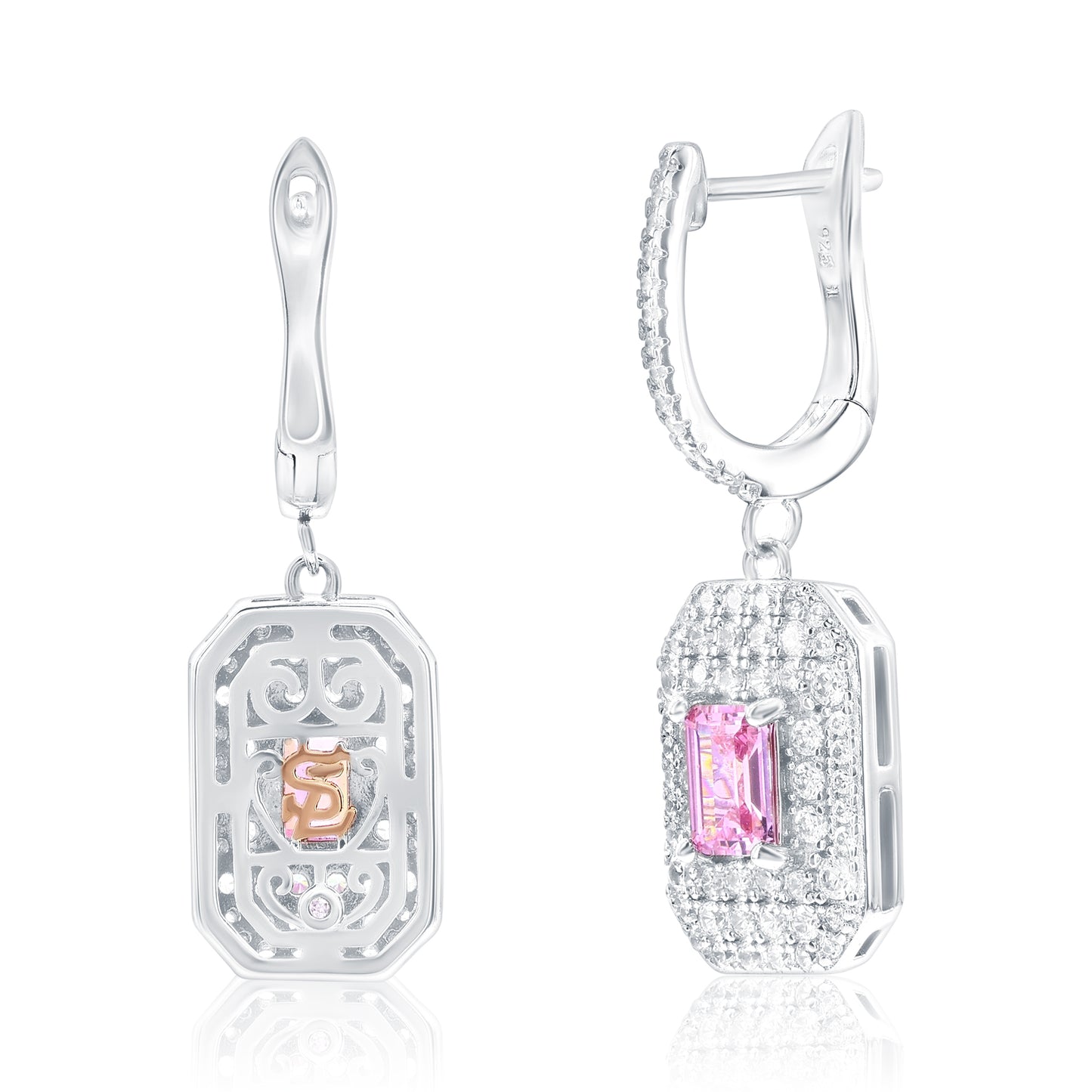 Suzy Levian Sterling Silver Emerald Cut Pink CZ & White CZ Pave Drop Earrings