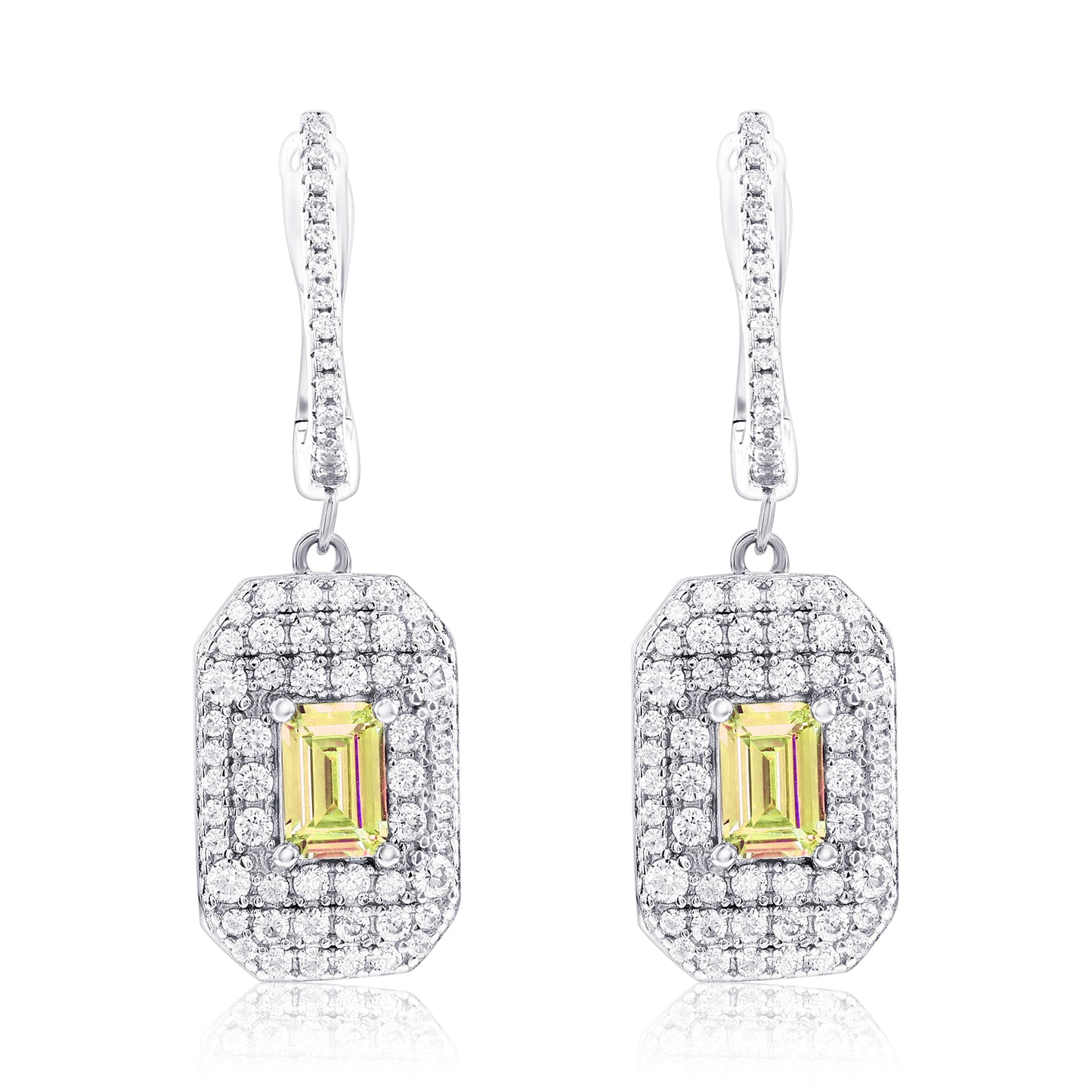 Suzy Levian Sterling Silver Emerald Cut Yellow CZ & White CZ Pave Drop Earrings