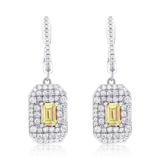 Suzy Levian Sterling Silver Emerald Cut Yellow CZ & White CZ Pave Drop Earrings