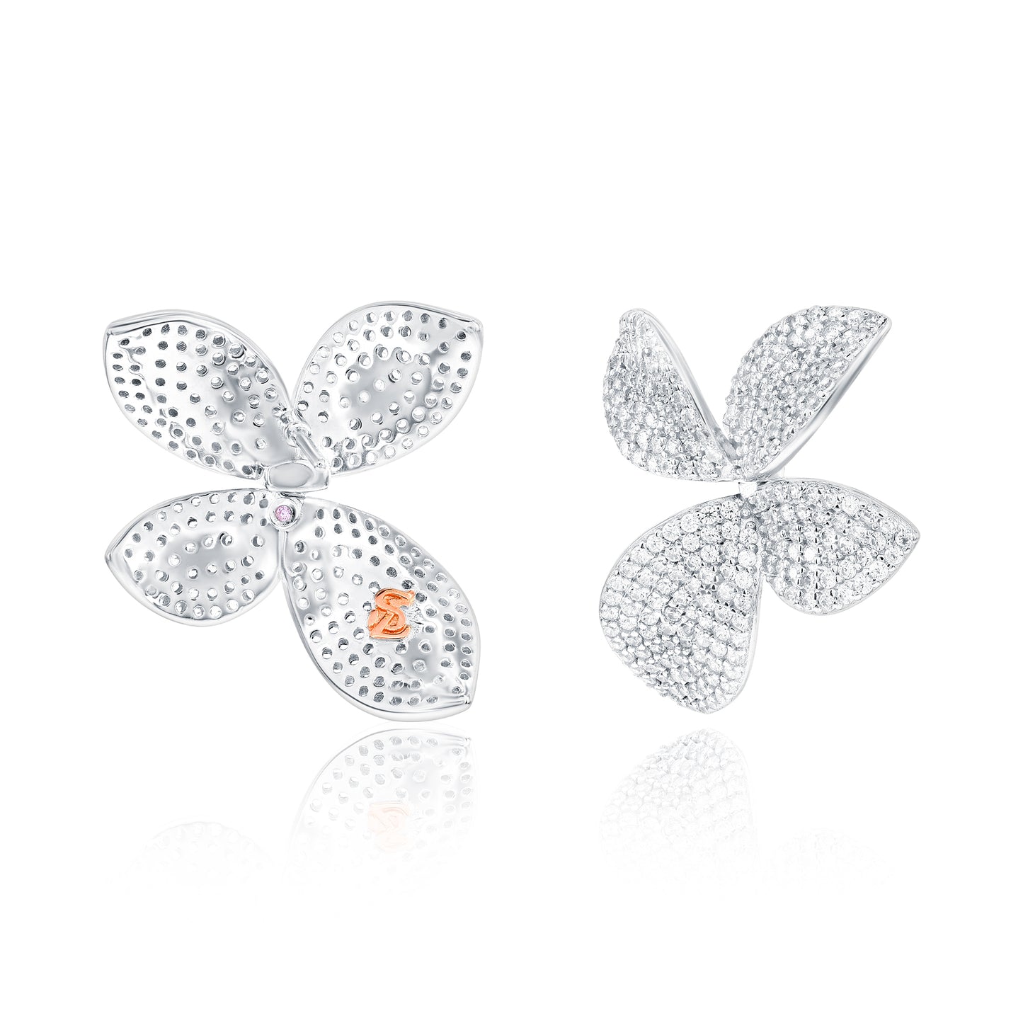 Suzy Levian White Sterling Silver White Cubic Zirconia Large Abstract Pave Flower Earrings