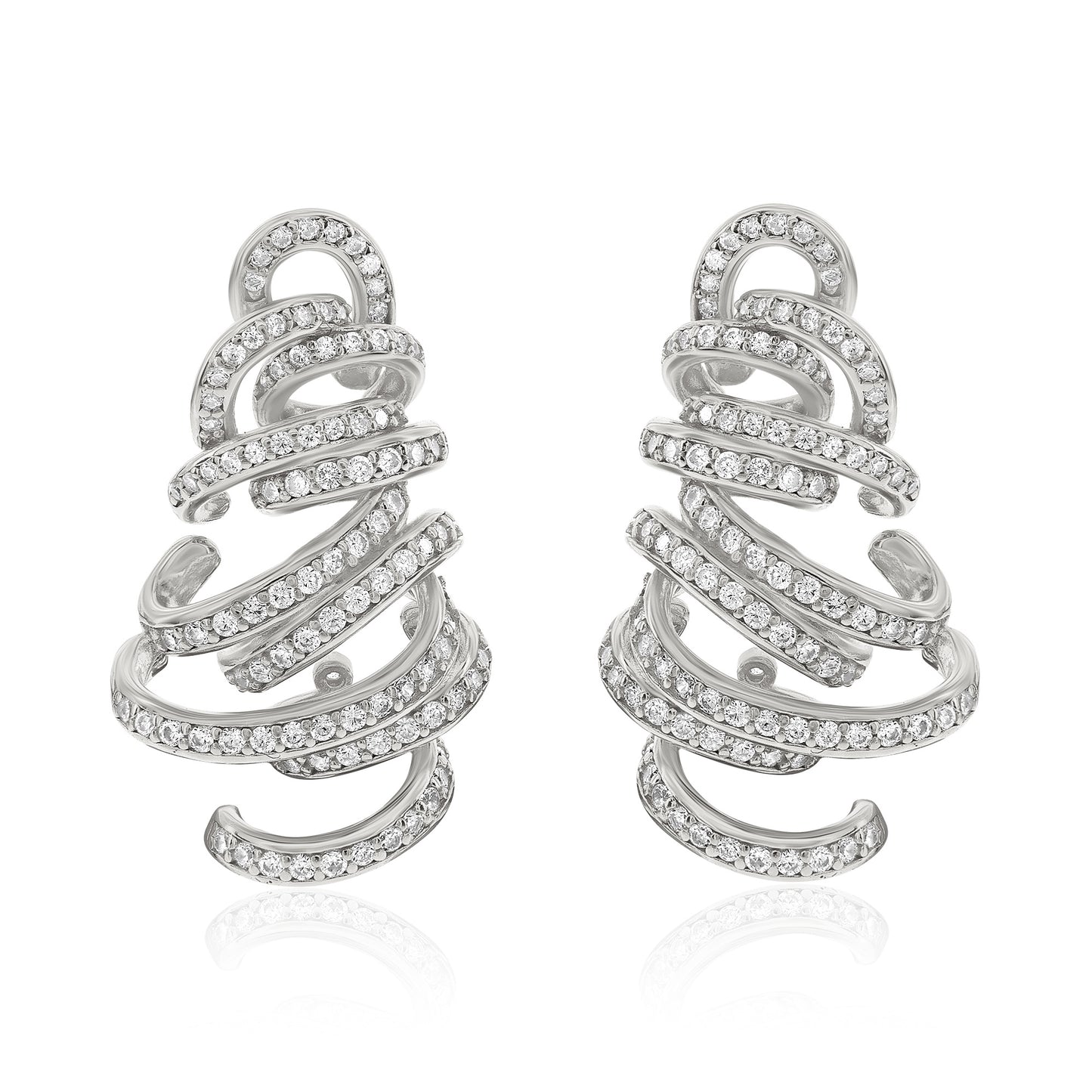 Suzy Levian White Sterling Silver Pave White Cubic Zirconia Spiral Earrings