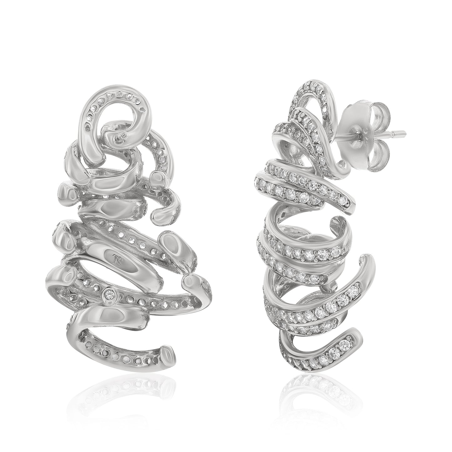 Suzy Levian White Sterling Silver Pave White Cubic Zirconia Spiral Earrings