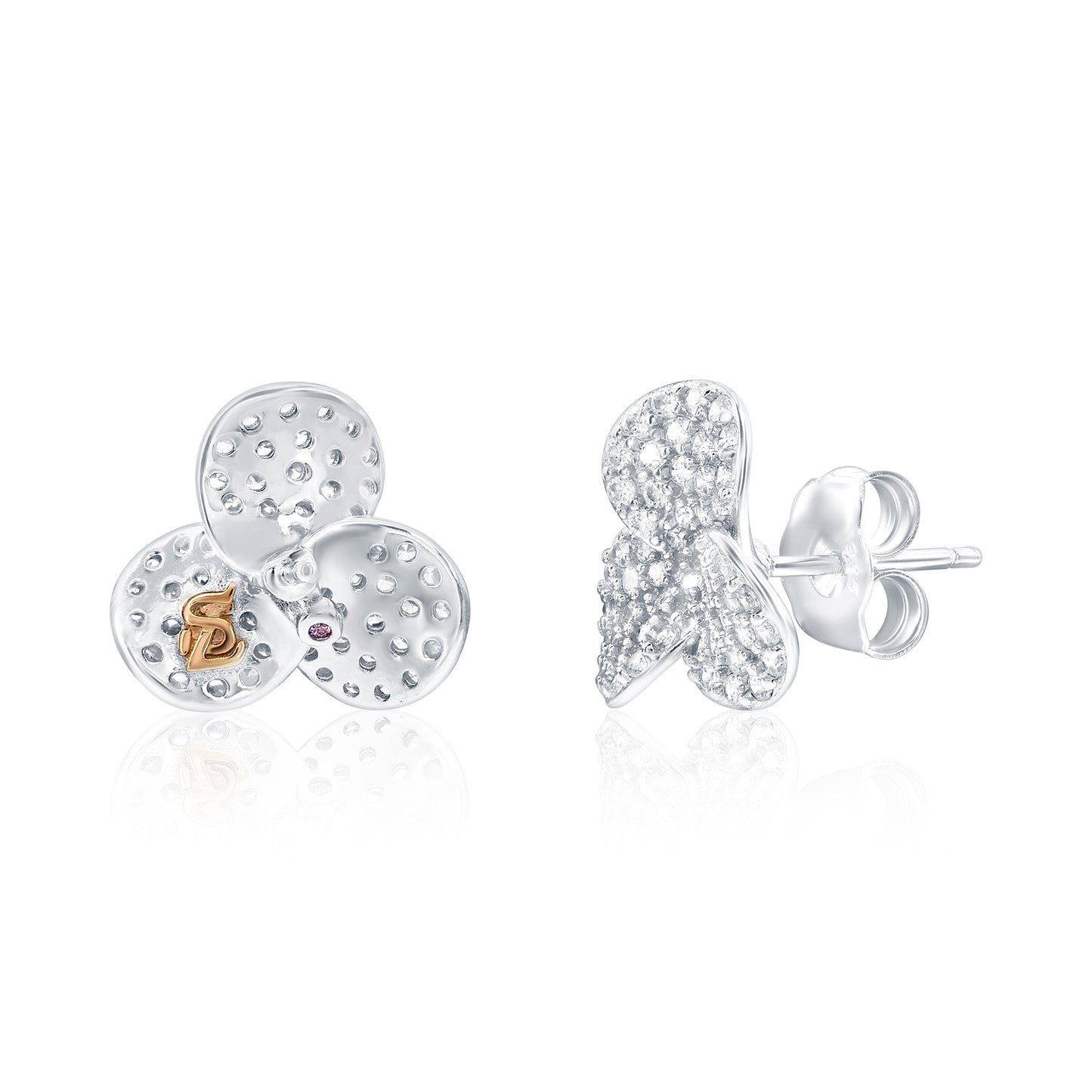 Suzy Levian Sterling Silver Pave White Cubic Zirconia Petite Flower Petal Stud Earrings