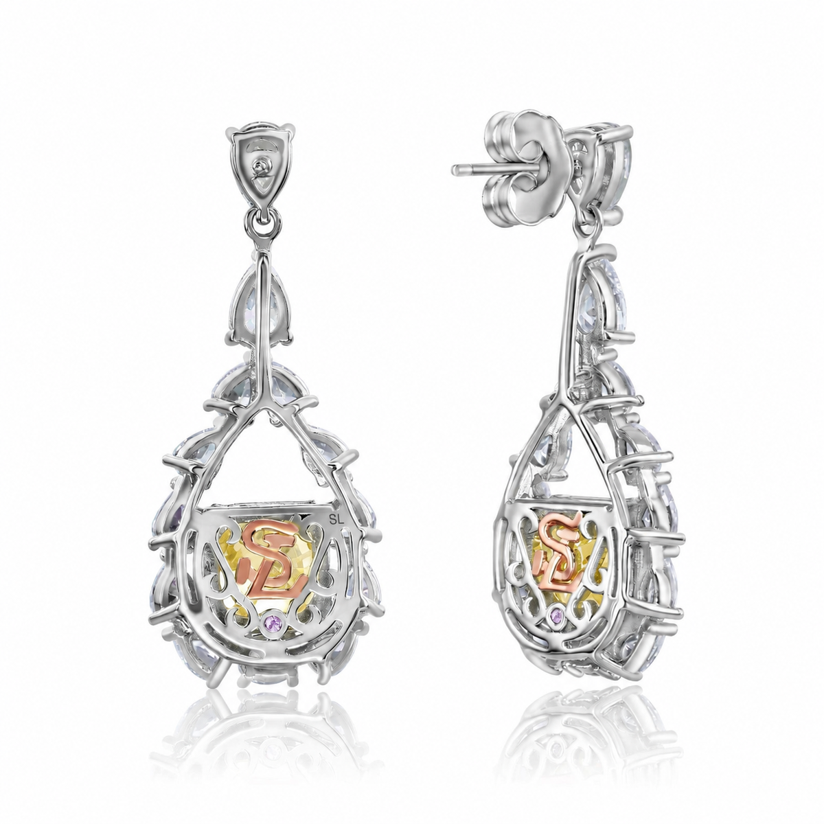Suzy Levian Sterling Silver Fancy Yellow Firework Cut Square Cushion Cut Cubic Zirconia Teardrop Shape Earrings