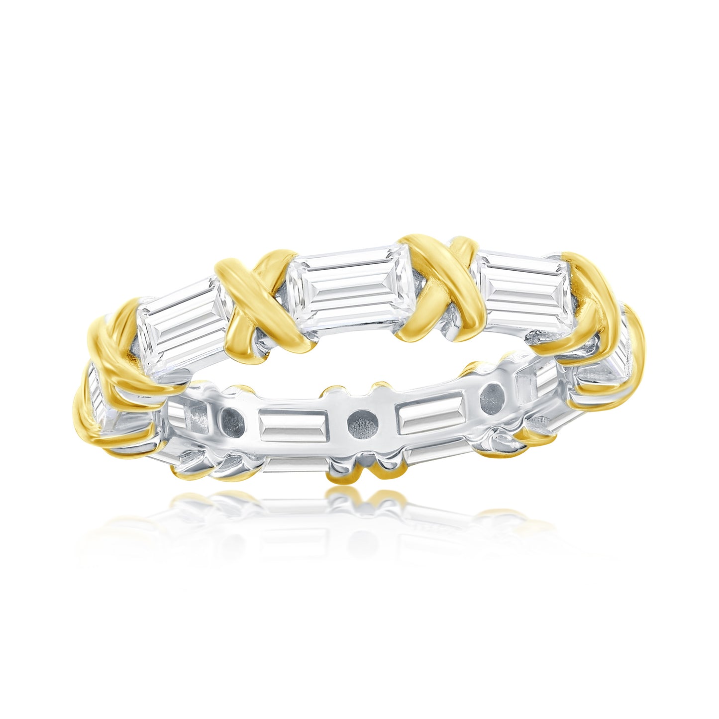 Suzy Levian Sterling Silver Baguette Cubic Zirconia Yellow Gold X Eternity Band