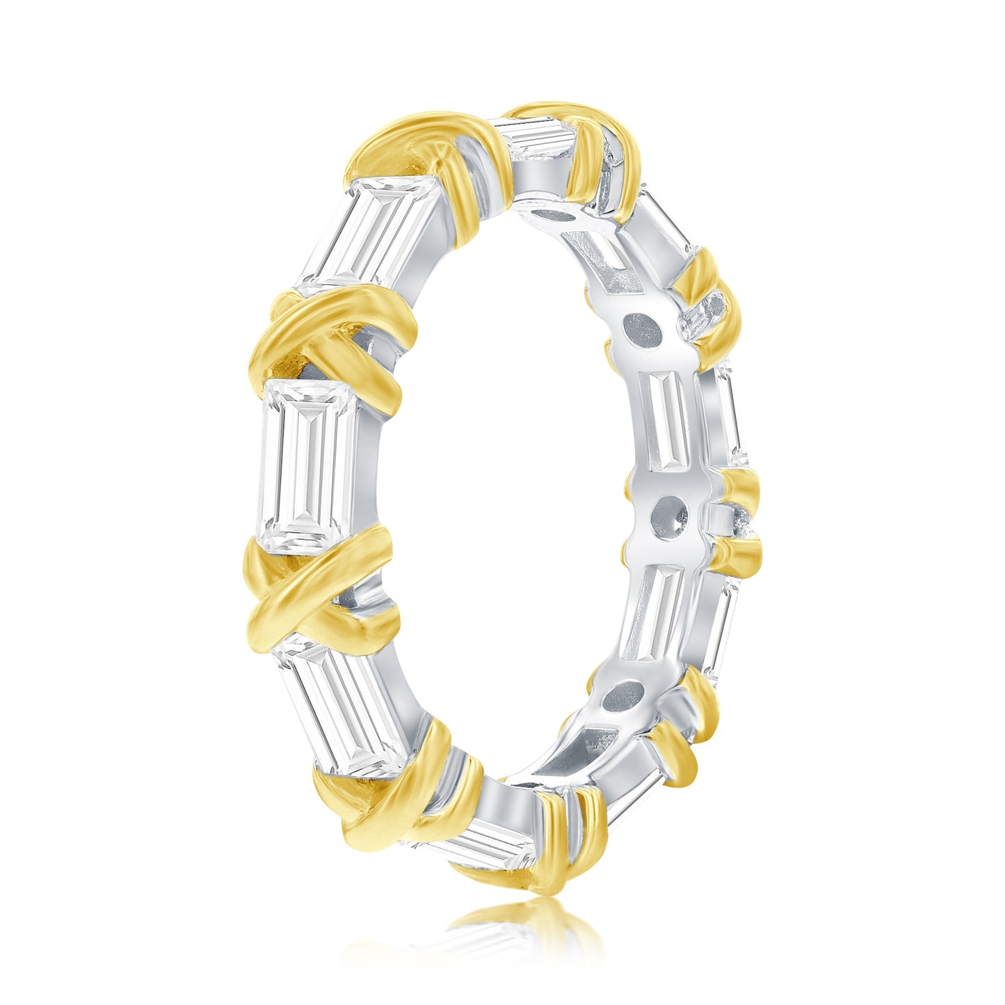Suzy Levian Sterling Silver Baguette Cubic Zirconia Yellow Gold X Eternity Band