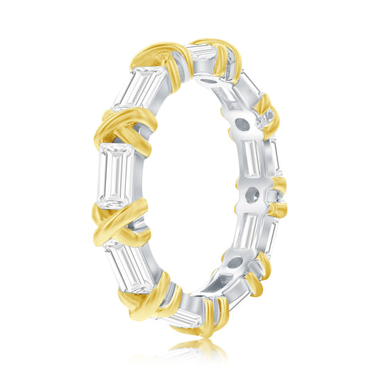 Suzy Levian Sterling Silver Baguette Cubic Zirconia Yellow Gold X Eternity Band