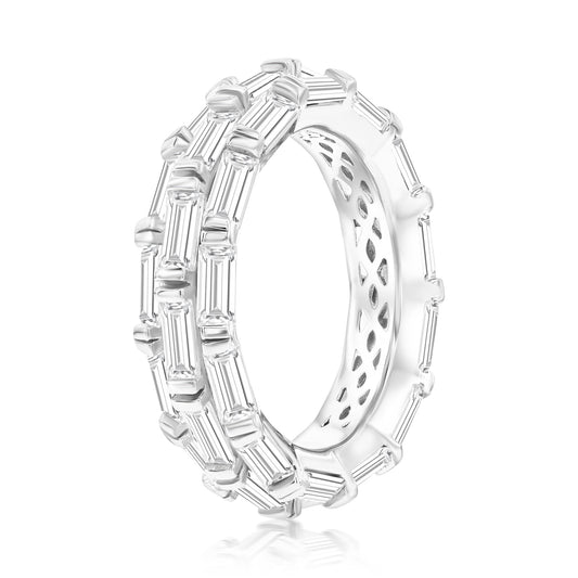 Suzy Levian Sterling Silver Cubic Zirconia White Baguette Three Row Eternity Band