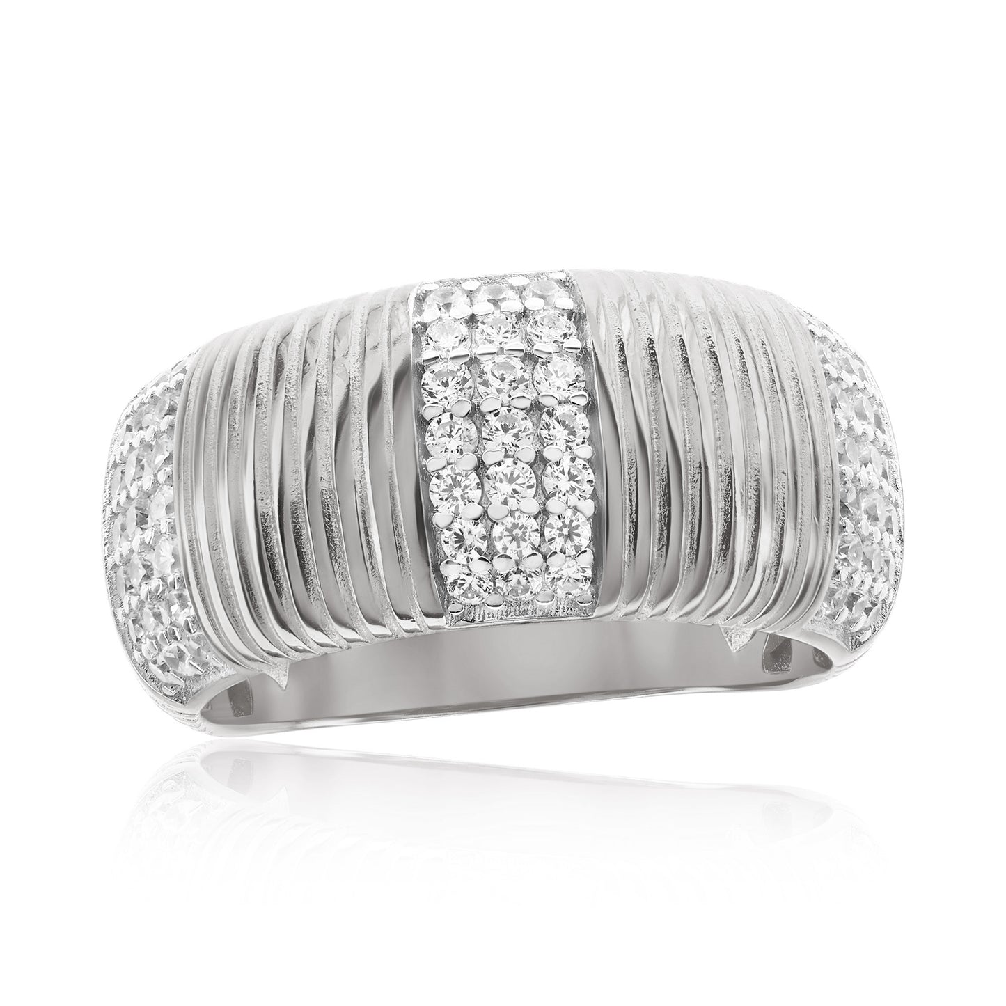 Suzy Levian White Sterling Silver White Cubic Zirconia Pave Lined Wide Band