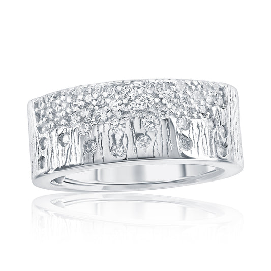 Suzy Levian Sterling Silver Engraved White Cubic Zirconia Scattered Wide Cigar Band Ring