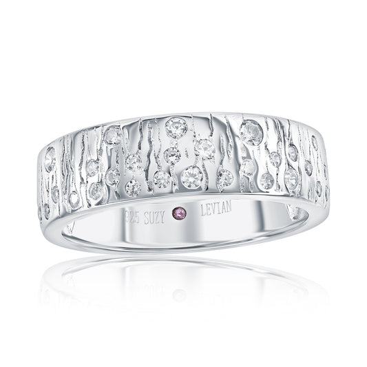 Suzy Levian Sterling Silver Engraved White Cubic Zirconia Scattered Cigar Band Ring