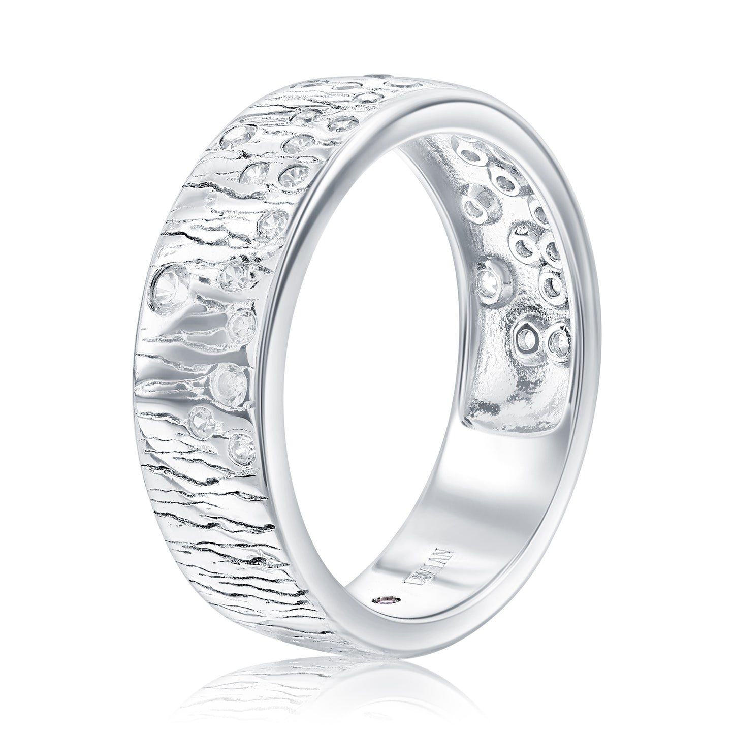 Suzy Levian Sterling Silver Engraved White Cubic Zirconia Scattered Cigar Band Ring