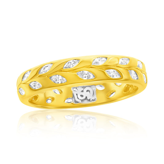 Suzy Levian Yellow Sterling Silver White Cubic Zirconia Leaf Band Ring