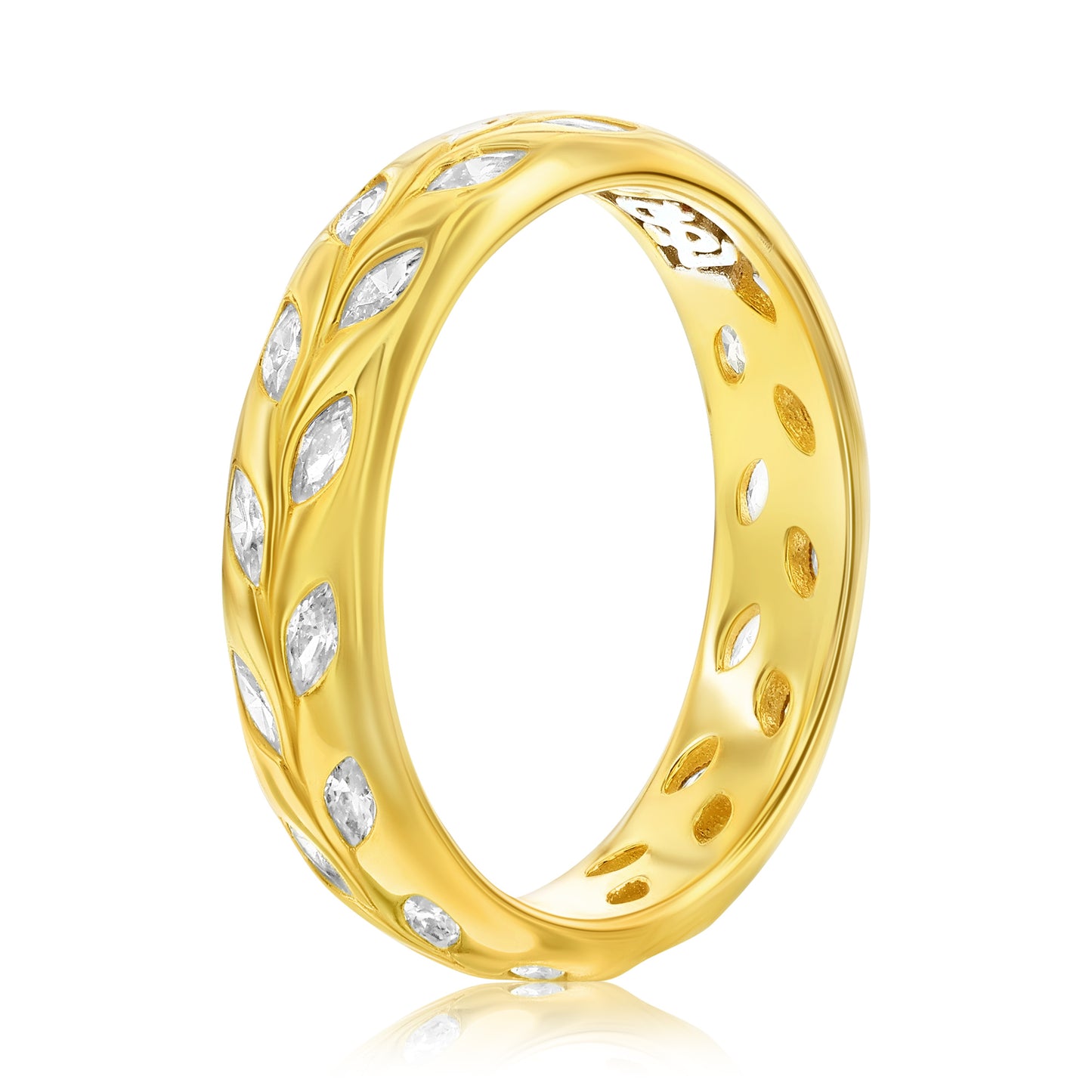 Suzy Levian Yellow Sterling Silver White Cubic Zirconia Leaf Band Ring