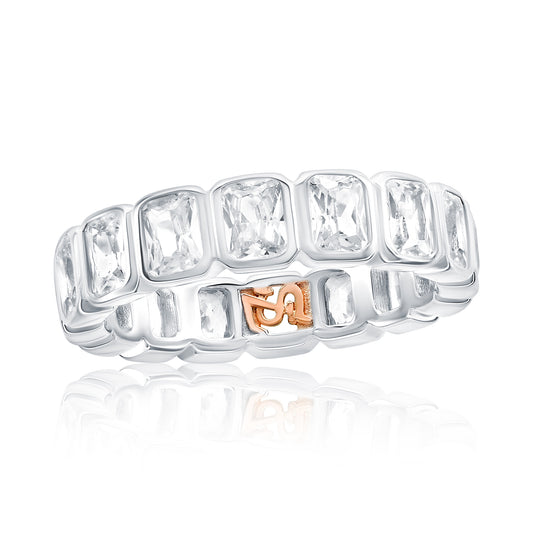 Suzy Levian Sterling Silver White Cubic Zirconia Emerald Cut Bezel Eternity Band