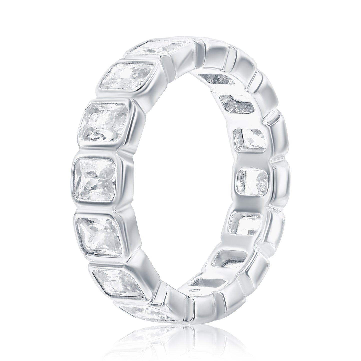 Suzy Levian Sterling Silver White Cubic Zirconia Emerald Cut Bezel Eternity Band