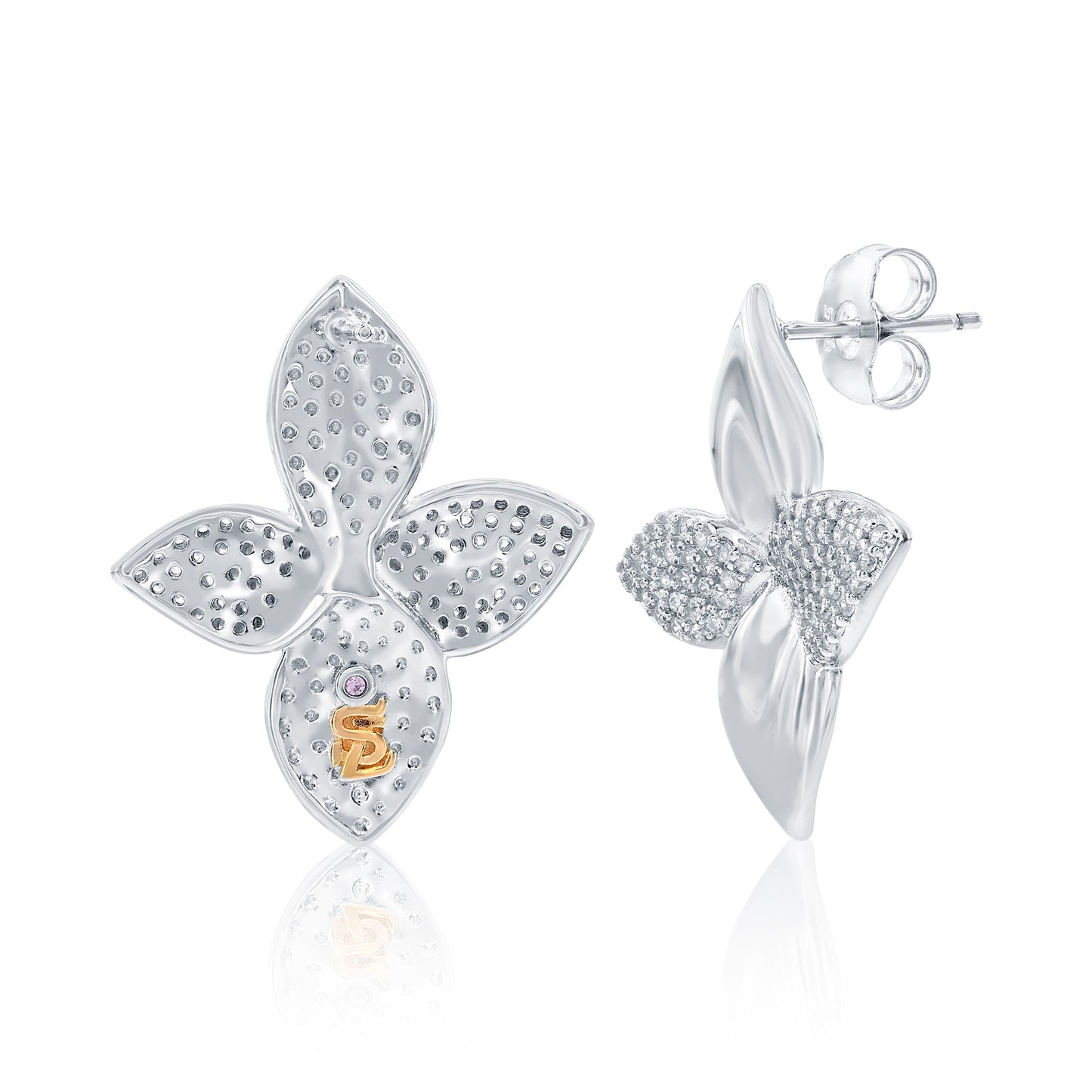 Share Suzy Levian White Sterling Silver White Cubic Zirconia Pave Abstract Flower Petal Earrings