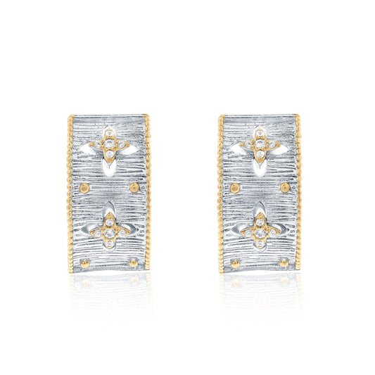 Suzy Levian Sterling Silver White Cubic Zirconia Brushed Finish Italian Florentine Huggie Earrings