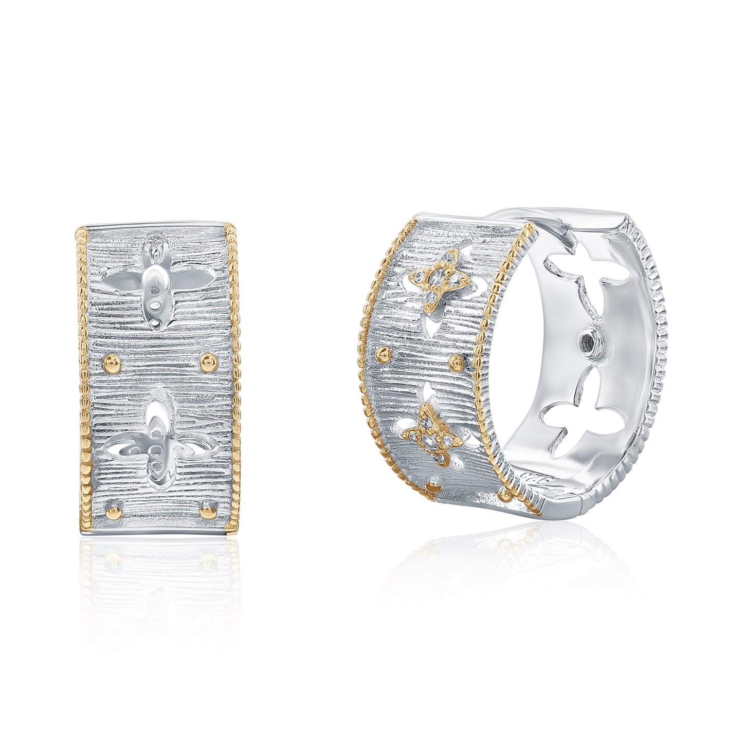 Suzy Levian Sterling Silver White Cubic Zirconia Brushed Finish Italian Florentine Huggie Earrings