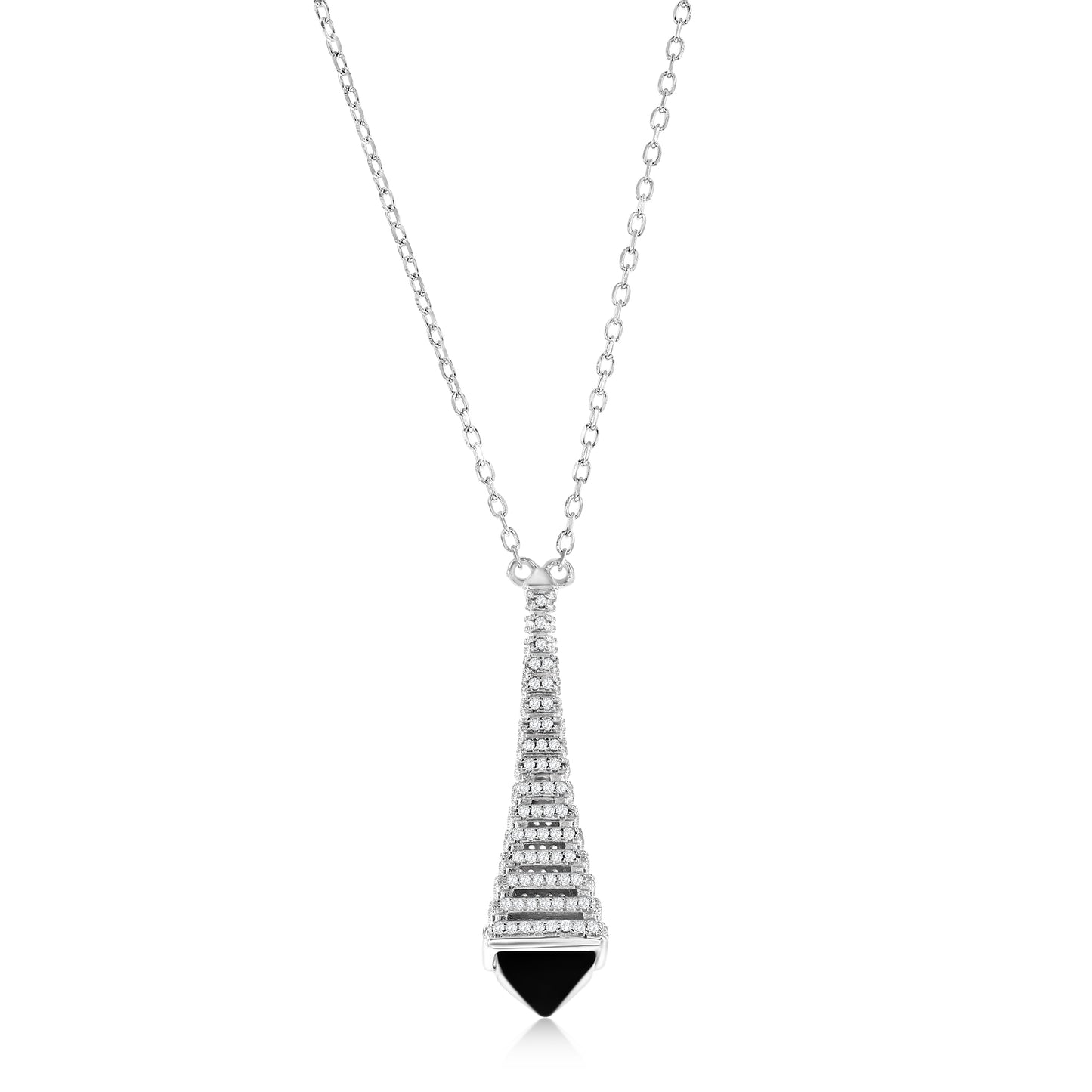 Suzy Levian Sterling Silver Pave White Cubic Zirconia Black Enamel Eiffel Tower Paris Pendant