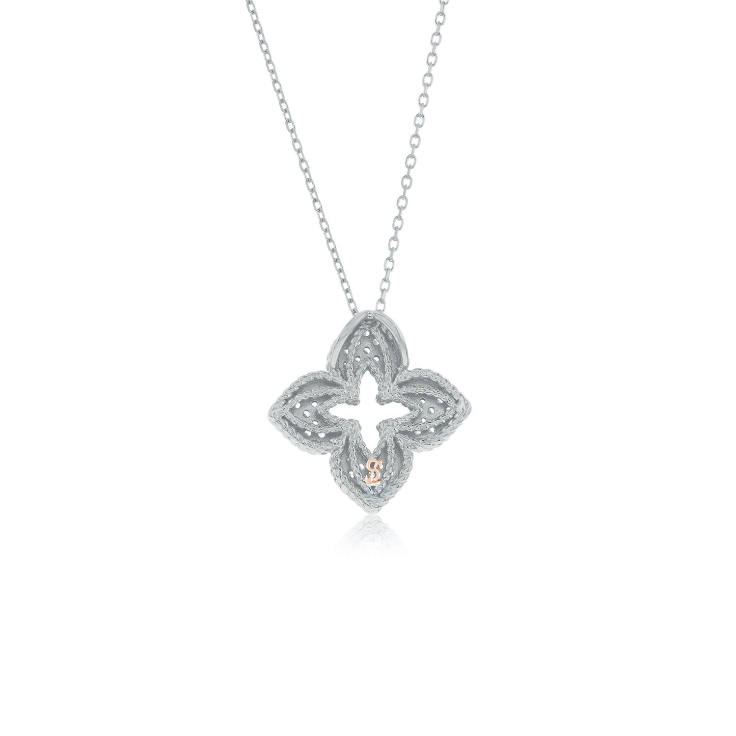 Suzy Levian Sterling Silver White Cubic Zirconia Pave Flower Clover Pendant Necklace