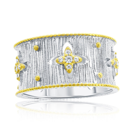 Suzy Levian Sterling Silver White Cubic Zirconia Brushed Finish Italian Florentine Band Ring