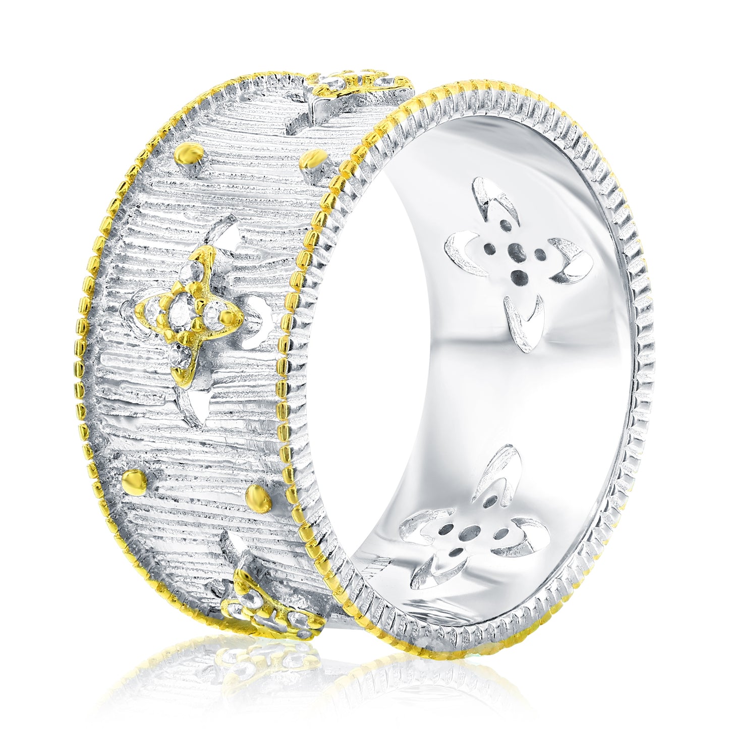 Suzy Levian Sterling Silver White Cubic Zirconia Brushed Finish Italian Florentine Band Ring