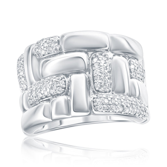 Suzy Levian Sterling Silver & White Cubic Zirconia Pave Checkered Woven Band Ring