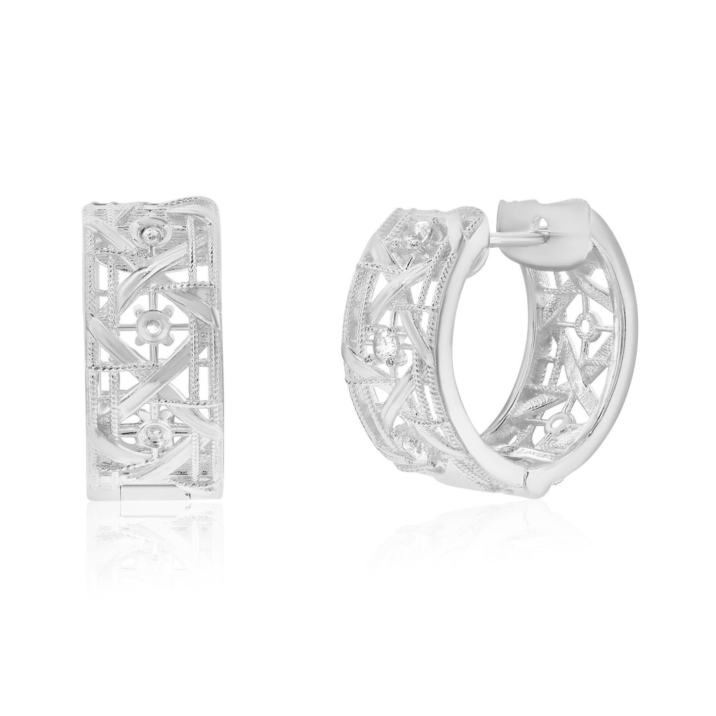 Suzy Levian White Sterling Silver & White Cubic Zirconia Cutout Huggie Hoop Earrings
