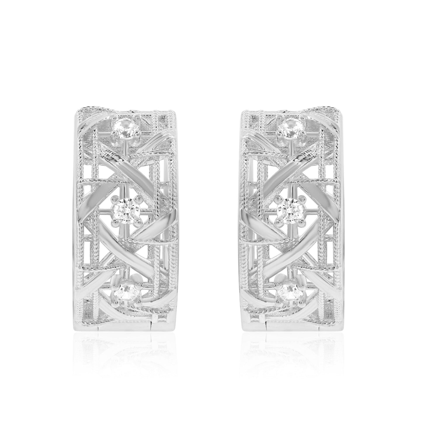 Suzy Levian White Sterling Silver & White Cubic Zirconia Cutout Huggie Hoop Earrings