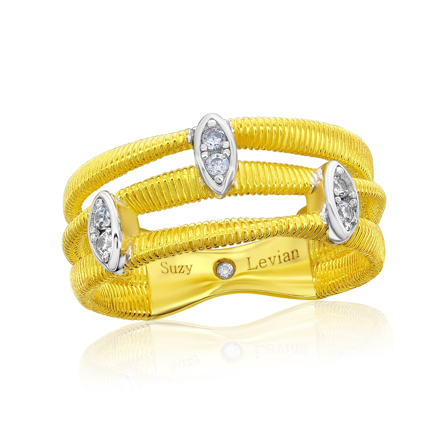 Suzy Levian The Golden Helix Yellow Sterling Silver White Cubic Zirconia Coil Three Row Triple Oval Ring