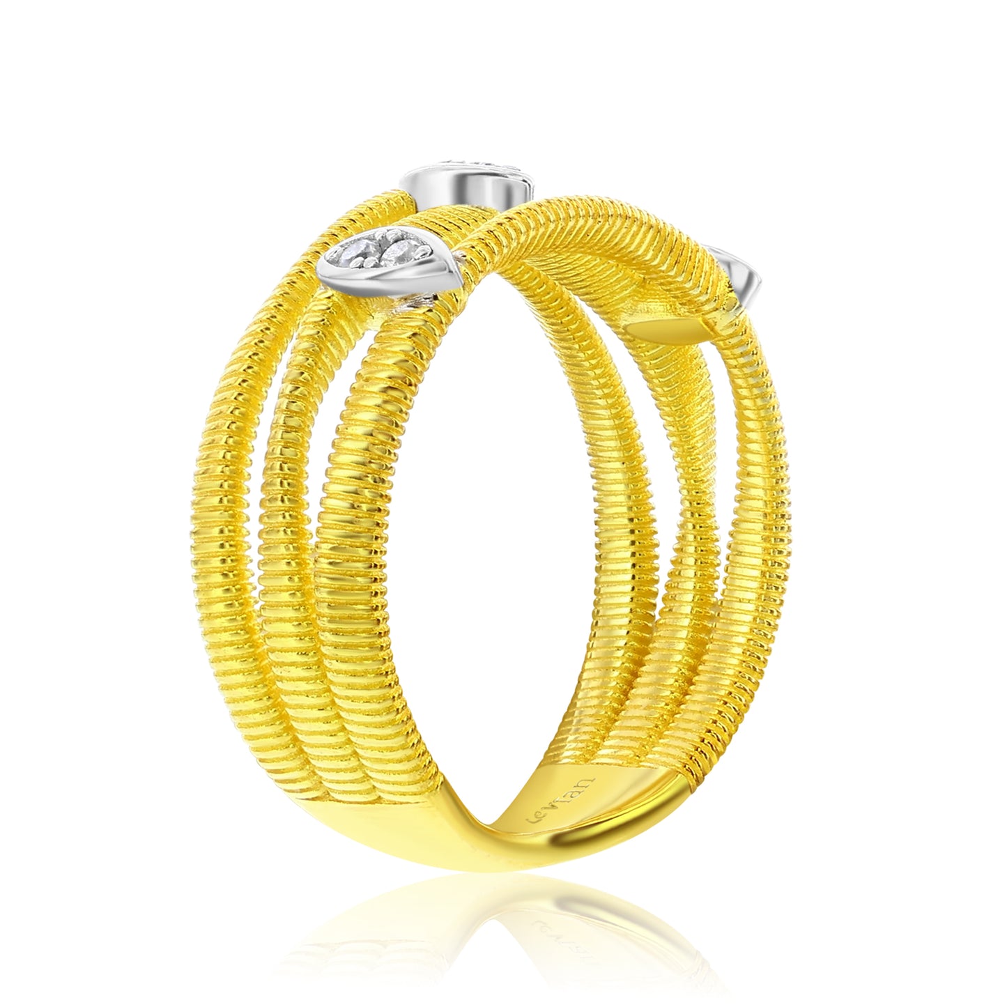Suzy Levian The Golden Helix Yellow Sterling Silver White Cubic Zirconia Coil Three Row Triple Oval Ring