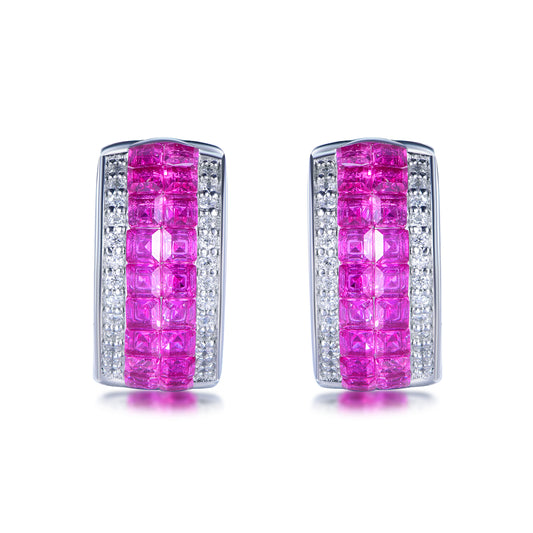 Suzy Levian Sterling Silver Invisible Set Red White Cubic Zirconia Huggie Earrings
