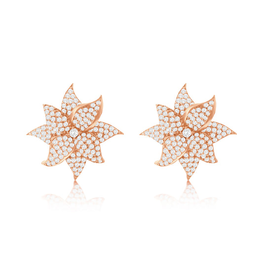 Suzy Levian Rose Sterling Silver White Cubic Zirconia Large Pave Flower Earrings