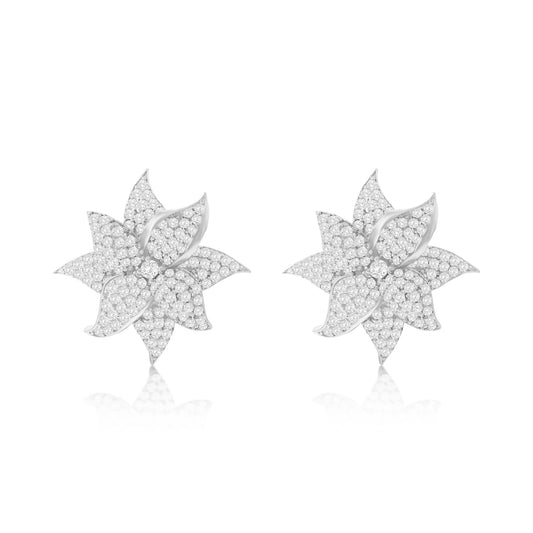 Suzy Levian White Sterling Silver White Cubic Zirconia Large Pave Flower Earrings