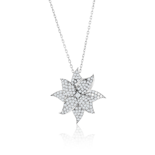 Suzy Levian White Sterling Silver White Cubic Zirconia Large Pave Flower Pendant