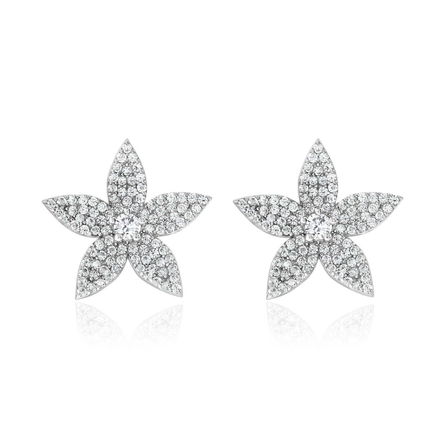 Suzy Levian White Sterling Silver White Cubic Zirconia Pave Curved Flower Earrings