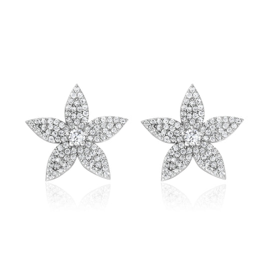 Suzy Levian White Sterling Silver White Cubic Zirconia Pave Curved Flower Earrings