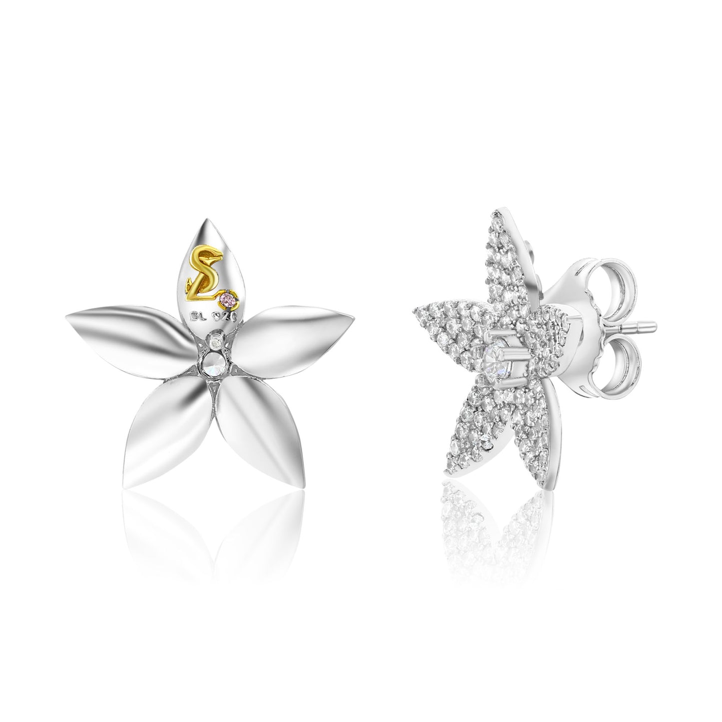 Suzy Levian White Sterling Silver White Cubic Zirconia Pave Curved Flower Earrings